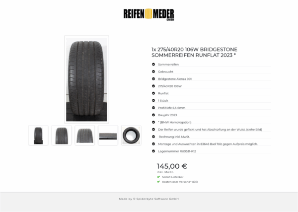 1x 275/40R20 106W BRIDGESTONE SOMMERREIFEN RUNFLAT 2023 * #1NGU – Bild 6