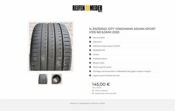 1x 315/30R22 107Y YOKOHAMA ADVAN SPORT V105 N0 6,5MM 2020 #4438 – Bild 3