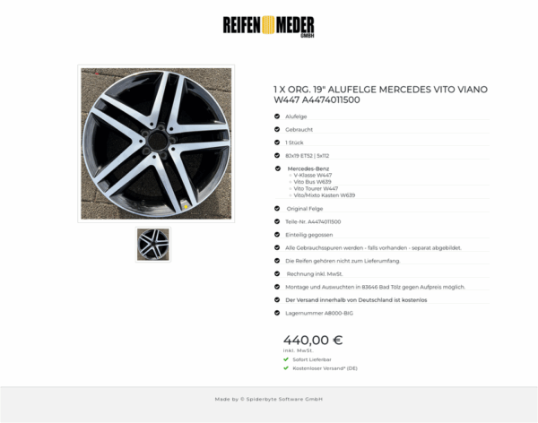 1 X ORG. 19" ALUFELGE MERCEDES VITO VIANO W447 A4474011500  #1RTJ – Bild 2