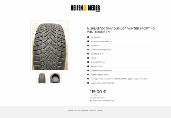 1x 265/45R20 104V DUNLOP WINTER SPORT 4D WINTERREIFEN #6505 – Bild 3