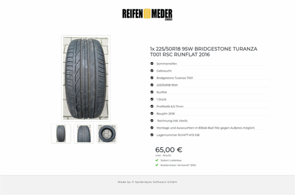 1x 225/50R18 95W BRIDGESTONE TURANZA T001 RSC RUNFLAT 2016 #3603 – Bild 4