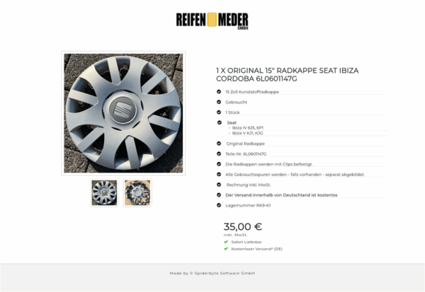 1 X ORIGINAL 15" RADKAPPE SEAT IBIZA CORDOBA 6L0601147G #1T6N – Bild 3