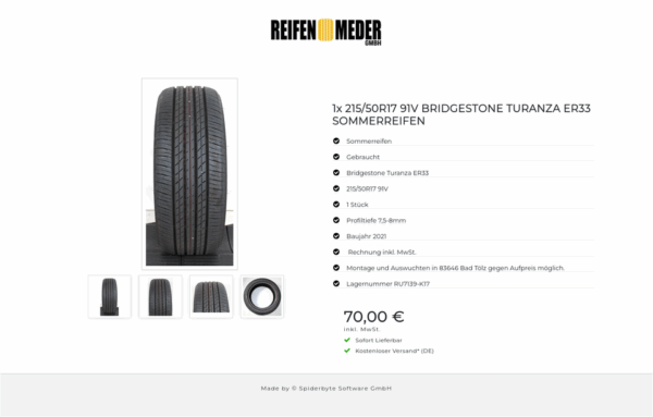 1x 215/50R17 91V BRIDGESTONE TURANZA ER33  SOMMERREIFEN #1BSR – Bild 5