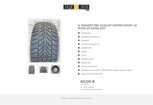 1x 205/45R17 88V DUNLOP WINTER SPORT 4D RUNFLAT 6,5MM 2017 #3938 – Bild 4