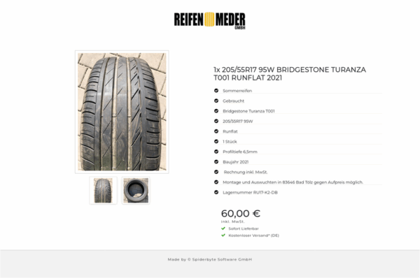 1x 205/55R17 95W BRIDGESTONE TURANZA T001 RUNFLAT 2021  #1402 – Bild 3