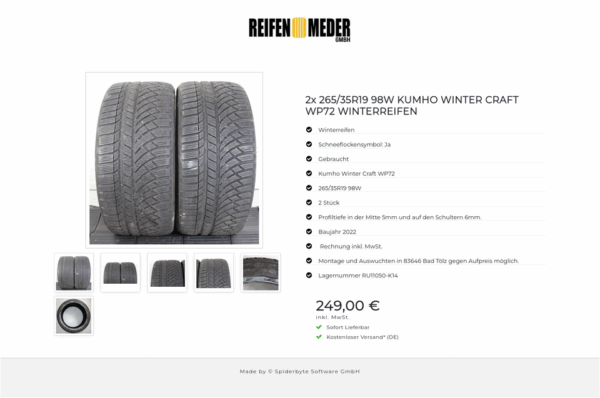 2x 265/35R19 98W KUMHO WINTER CRAFT WP72 WINTERREIFEN #1U1O – Bild 7