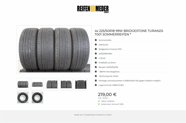 4x 225/50R18 99W BRIDGESTONE TURANZA T001 SOMMERREIFEN * #1J5Q – Bild 8