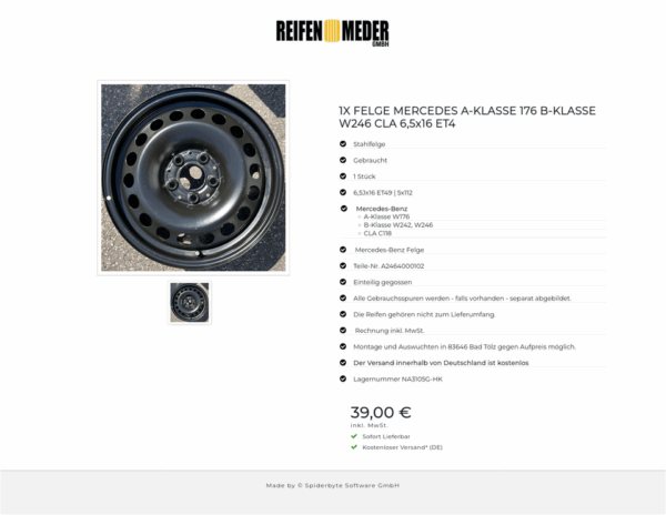 1X FELGE MERCEDES A-KLASSE 176 B-KLASSE W246 CLA 6,5x16 ET4 #1LTV – Bild 2