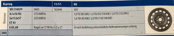 4 STAHLFELGEN 6x16 ET43 SKODA KAROQ FELGEN DEMONTIERT FREIHAUS – Bild 3