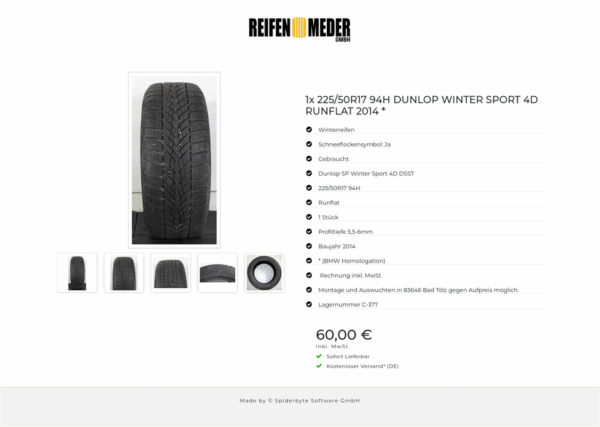 1x 225/50R17 94H DUNLOP WINTER SPORT 4D RUNFLAT 2014 * #1PUQ – Bild 6