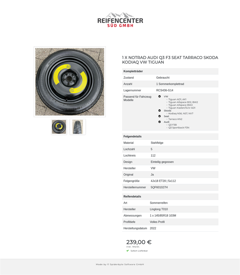 1 X NOTRAD AUDI Q3 F3 SEAT TARRACO SKODA KODIAQ VW TIGUAN #1Y4V – Bild 3