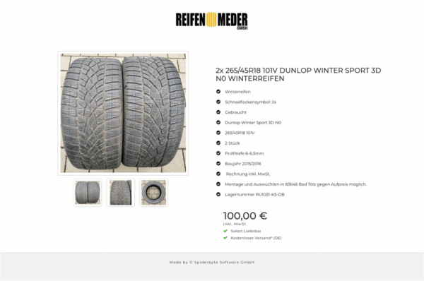 2x 265/45R18 101V DUNLOP WINTER SPORT 3D N0 WINTERREIFEN #6380 – Bild 4