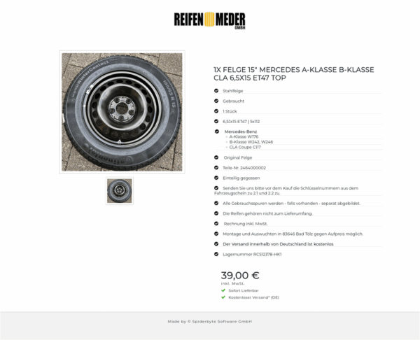 1X FELGE 15" MERCEDES A-KLASSE B-KLASSE CLA 6,5X15 ET47 TOP #1ZMP – Bild 2