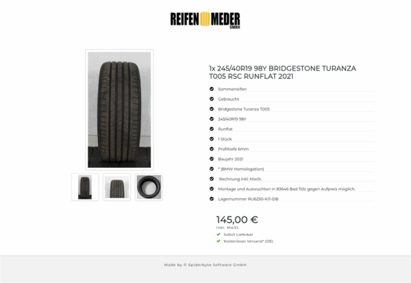 1x 245/40R19 98Y BRIDGESTONE TURANZA T005 RSC RUNFLAT 2021 #18VW – Bild 4