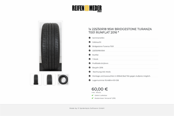 1x 225/50R18 95W BRIDGESTONE TURANZA T001 RUNFLAT 2016 * #156C – Bild 4