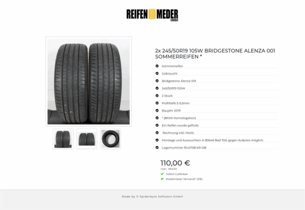 2x 245/50R19 105W BRIDGESTONE ALENZA 001 SOMMERREIFEN * #143G – Bild 4