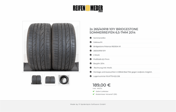 2x 265/40R18 101Y BRIDGESTONE SOMMERREIFEN 6,5-7MM 2014 #14WR – Bild 4