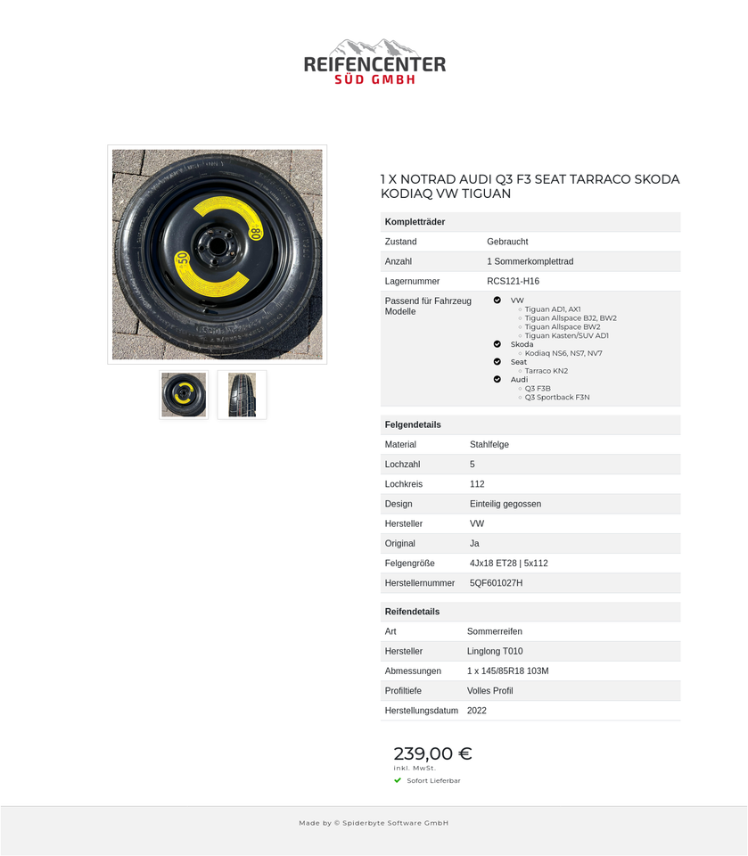 1 X NOTRAD AUDI Q3 F3 SEAT TARRACO SKODA KODIAQ VW TIGUAN #1WVS – Bild 3