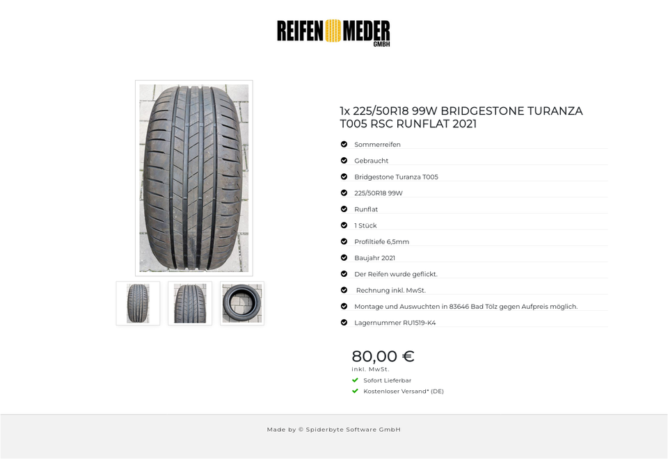 1x 225/50R18 99W BRIDGESTONE TURANZA T005 RSC RUNFLAT 2021 #3785 – Bild 4