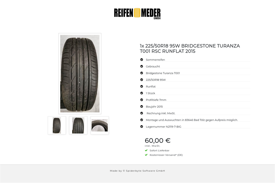 1x 225/50R18 95W BRIDGESTONE TURANZA T001 RSC RUNFLAT 2015 #2377 – Bild 4