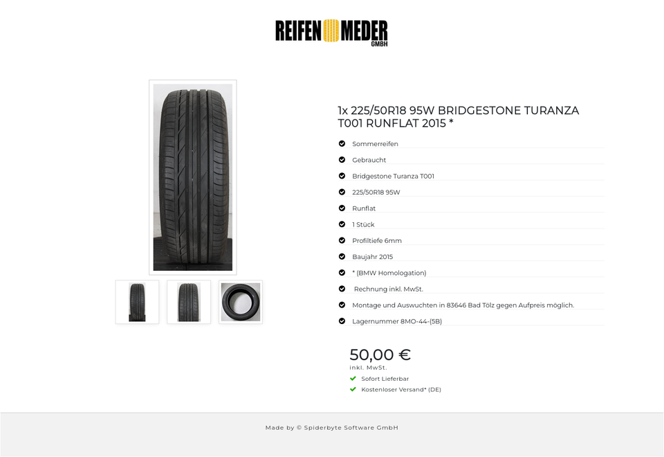 1x 225/50R18 95W BRIDGESTONE TURANZA T001 RUNFLAT 2015 * #15RL – Bild 4