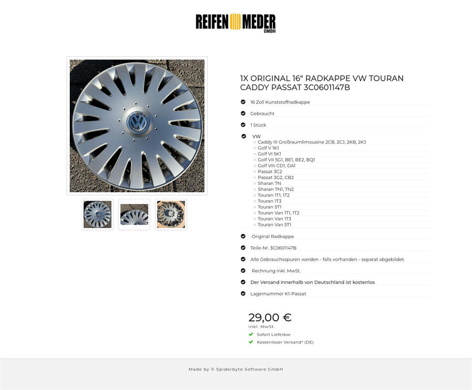 1X ORIGINAL 16" RADKAPPE VW TOURAN CADDY PASSAT 3C0601147B #1VNI – Bild 4