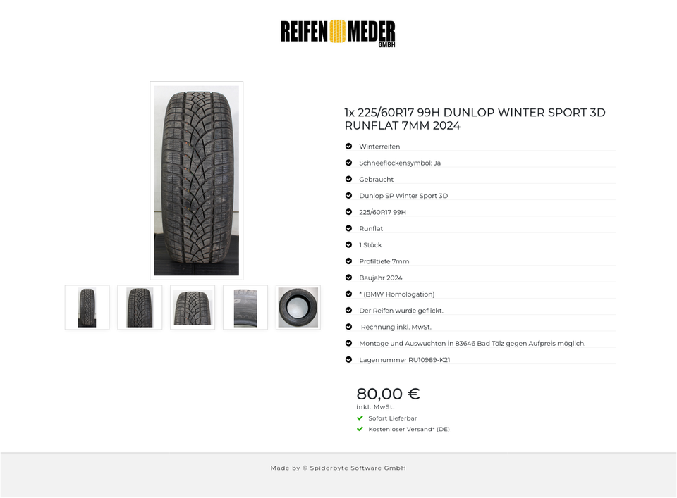 1x 225/60R17 99H DUNLOP WINTER SPORT 3D RUNFLAT 7MM 2024 #1TOU – Bild 6