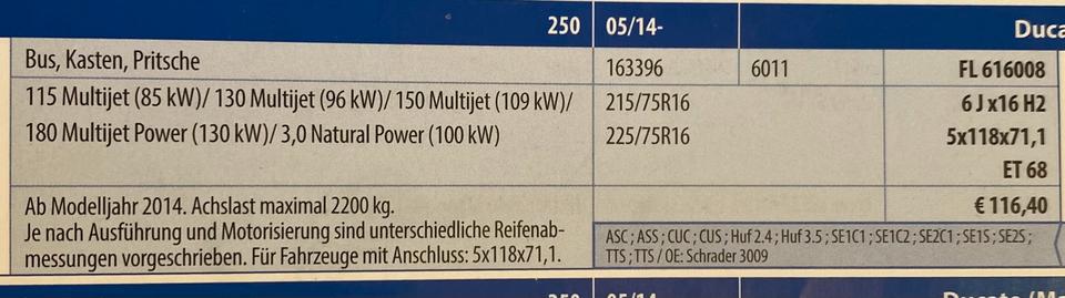 FIAT DUCATO CITROEN JUMPER PEUGEOT BOXER 6x16 ET68 LK118 NEU – Bild 4