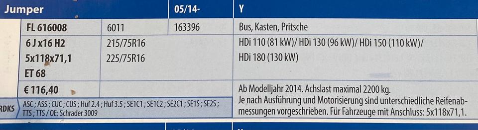 FIAT DUCATO CITROEN JUMPER PEUGEOT BOXER 6x16 ET68 LK118 NEU – Bild 3