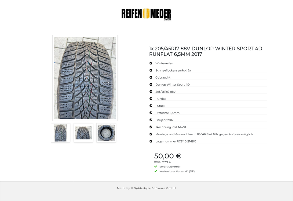 1x 205/45R17 88V DUNLOP WINTER SPORT 4D RUNFLAT 6,5MM 2017 #3938 – Bild 4