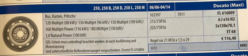 FIAT DUCATO CITROEN JUMPER PEUGEOT BOXER 6x16 ET68 LK130 NEU – Bild 4