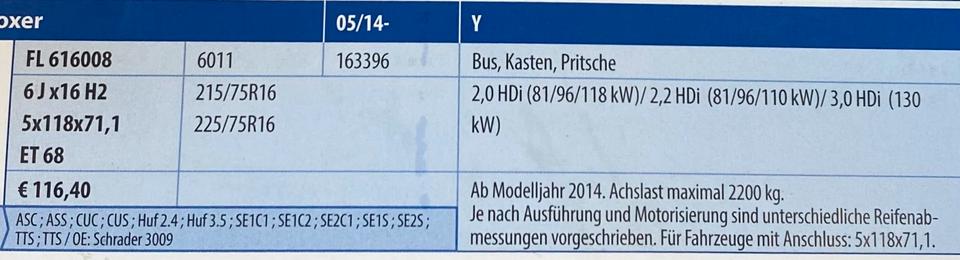 FIAT DUCATO CITROEN JUMPER PEUGEOT BOXER 6x16 ET68 LK118 NEU – Bild 5