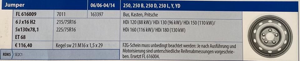 FIAT DUCATO CITROEN JUMPER PEUGEOT BOXER 6x16 ET68 LK130 NEU – Bild 3