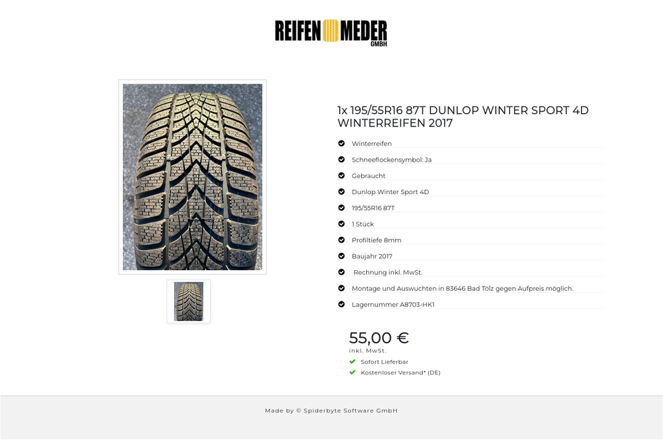 1x 195/55R16 87T DUNLOP WINTER SPORT 4D WINTERREIFEN 2017 #1MAJ – Bild 2