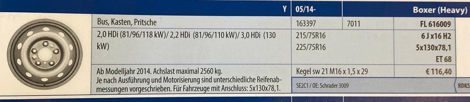 FIAT DUCATO CITROEN JUMPER PEUGEOT BOXER 6x16 ET68 LK130 NEU – Bild 5