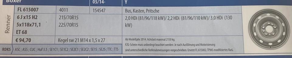 FIAT DUCATO CITROEN JUMPER PEUGEOT BOXER 6x15 ET68 NEUE STAHLF. – Bild 4