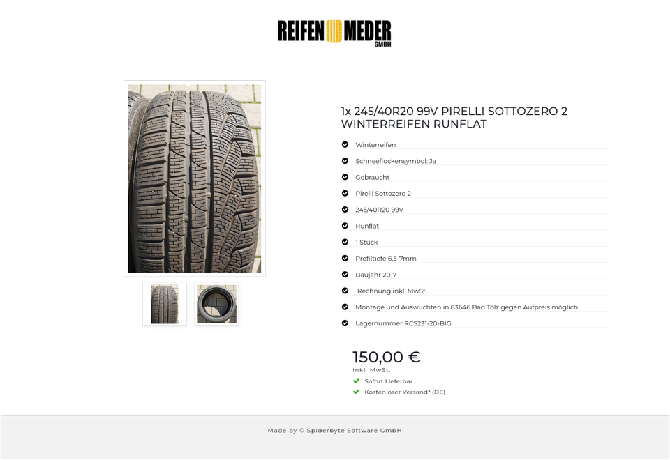 1x 245/40R20 99V PIRELLI SOTTOZERO 2 WINTERREIFEN RUNFLAT #7656 – Bild 3
